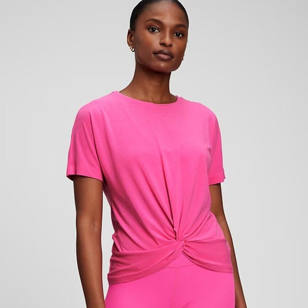 GapFit Twist-Tie Front Tee XXS Barbie Core Phoebe Hot Pink Athleisure Yoga Top